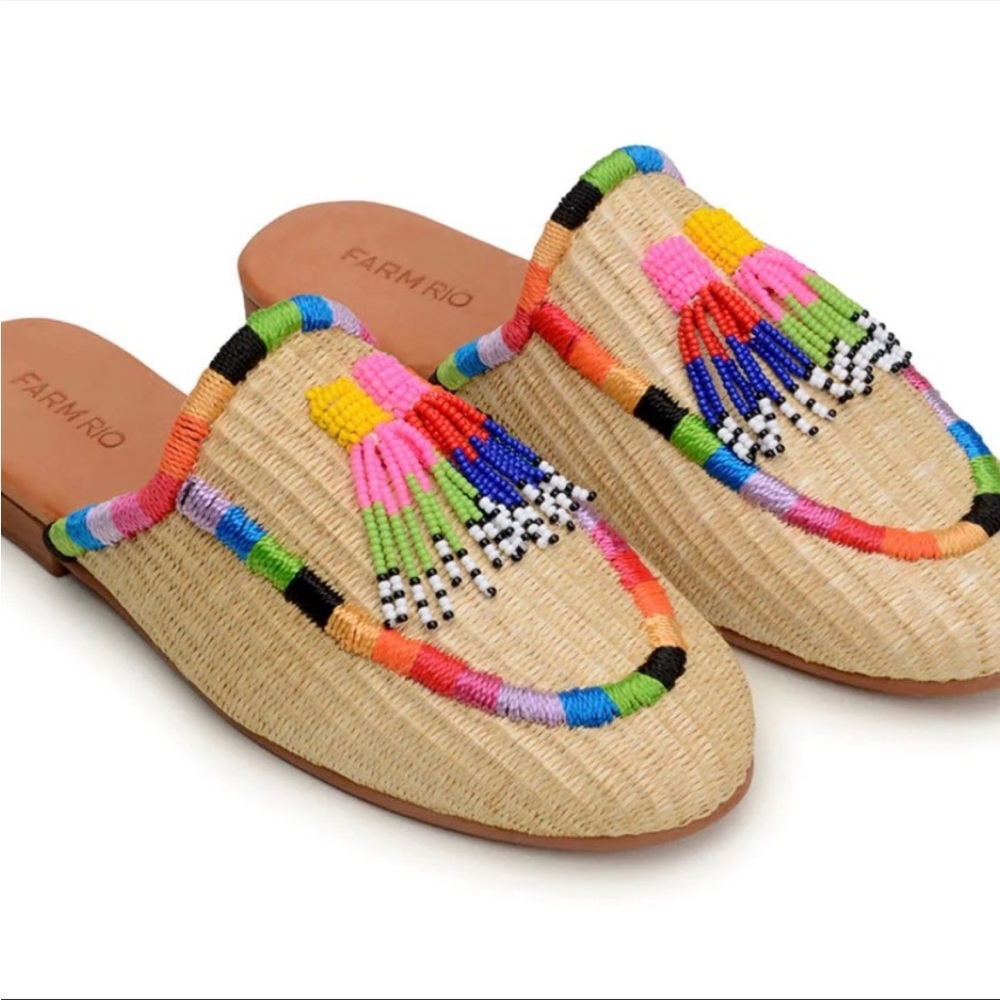 Farm Rio Natural Raffia Multicolor Rainbow Slip On Mule Sz 6
